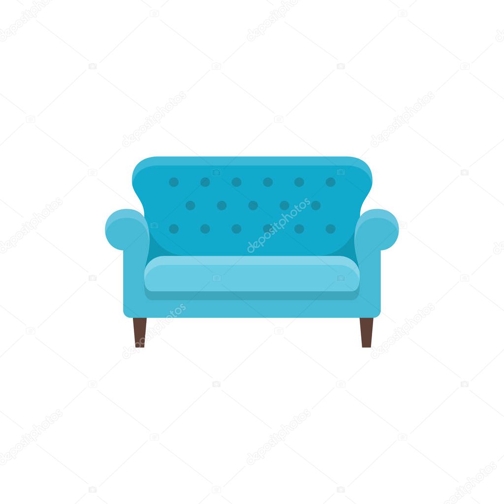 Blue bridgewater sofa. Vector illustration. Flat icon of settee. Element of modern home & office furniture. Front view.
