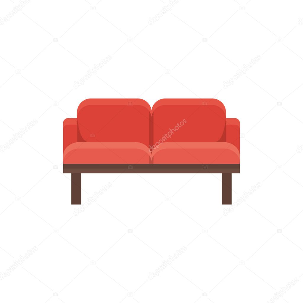 Red loveseat. Double sofa. Vector illustration. Flat icon of settee. Element of modern home & office furniture. Front view.