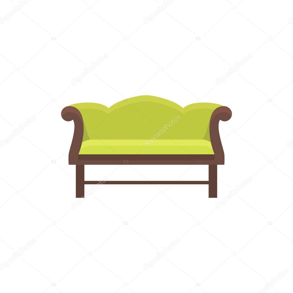 Green camelback sofa. Vector illustration. Flat icon of wooden settee. Element of vintage home & office furniture. Front view.