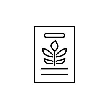 Yeşil yeşillik houseplant tohum paket siyah ve beyaz vektör Illustration. Satırı simgesi ev bitki tohumu çiçek süsleme ile kağıt pakette bırakır. Beyaz arka plan üzerinde izole nesne.