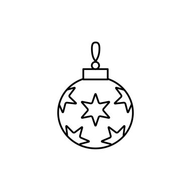 Noel süs yıldız ile siyah ve beyaz vektör Illustration. Tatil önemsiz şey satırı simgesi. Ev ve ofis için dekoratif şenlikli yuvarlak top. Beyaz arka plan üzerinde izole nesne. 