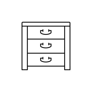 Siyah ve beyaz vektör çizim düzenleyici kutusu. Depolama mobilya raflar ile satırı simgesi. Dekoratif Konteyner Ev ve ofis için çekmeceli. Beyaz arka plan üzerinde izole nesne. 