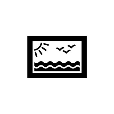 Siyah ve beyaz vektör çizim duvar sanat resim. Deniz manzara resimle düz simgesi. Ev ve ofis için dekoratif çerçeveli fotoğraf. Beyaz arka plan üzerinde izole nesne. 