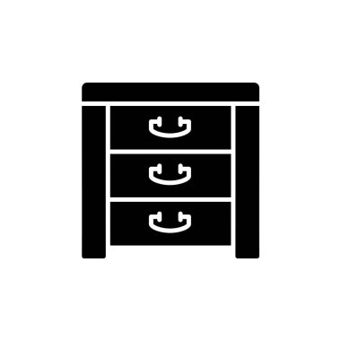 Siyah ve beyaz vektör çizim düzenleyici kutusu. Depolama mobilya raflar ile düz simgesi. Dekoratif Konteyner Ev ve ofis için çekmeceli. Beyaz arka plan üzerinde izole nesne. 