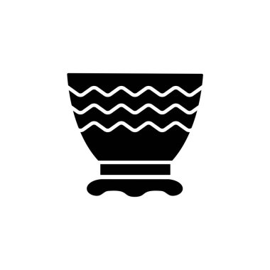 Siyah ve beyaz vektör Illustration geometrik süsleme ile meyve kase. Dekoratif seramik tabak ev için düz simgesi. Beyaz arka plan üzerinde izole nesne. 