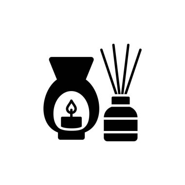 Dekoratif burner mum ve reed difüzör ile siyah ve beyaz vektör Illustration. Aromaterapi öğesinin düz simgesi. Ev dekor öğeleri. Beyaz arka plan üzerinde izole nesneleri. 