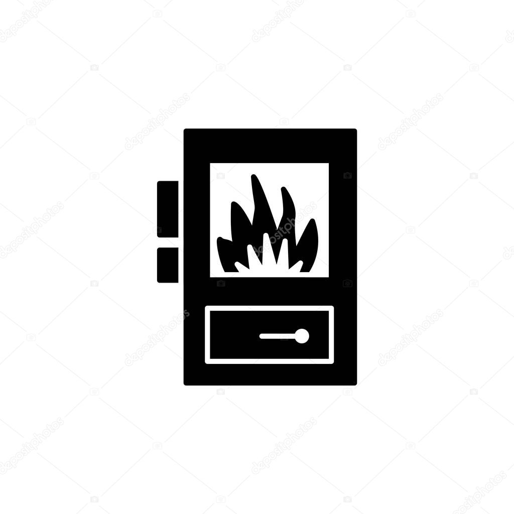 Black & white vector illustration of solid fuel boiler. Flat icon of  house water heater. Isolated object on white background.