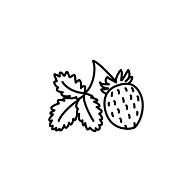 Siyah ve beyaz vektör çizim yaprak ile organik çilek. Taze Berry satırı simgesi. Vejetaryen ve vegan gıda. Sağlık yeme meyve madde. Beyaz arka plan üzerinde izole nesne. 