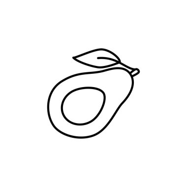 Siyah ve beyaz vektör Illustration organik avokado yaprağı. Taze avokado armut meyve satırı simgesi. Vejetaryen ve vegan gıda. Sağlık beslenme madde. Beyaz arka plan üzerinde izole nesne. 