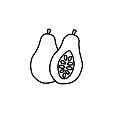 Siyah ve beyaz bütünün illüstrasyon vektör ve papaya tohumları ile kesti. Taze tropik meyve satırı simgesi. Vejetaryen ve vegan gıda. Sağlık beslenme madde. Beyaz arka plan üzerinde izole nesne. 