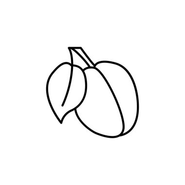 Siyah ve beyaz vektör çizim yaprak ile organik Erik. Taze meyve satırı simgesi. Vejetaryen ve vegan gıda. Sağlık beslenme madde. Beyaz arka plan üzerinde izole nesne. 
