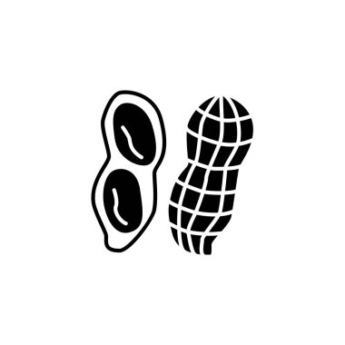 Fıstık fındık kabuğu ile siyah ve beyaz vektör Illustration. Bütün ve kırık yerfıstığı düz simgesi. Vejetaryen ve vegan gıda. Sağlık beslenme madde. Beyaz arka plan üzerinde izole nesne. 