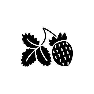 Siyah ve beyaz vektör çizim yaprak ile organik çilek. Taze Berry düz simgesi. Vejetaryen ve vegan gıda. Sağlık yeme meyve madde. Beyaz arka plan üzerinde izole nesne. 