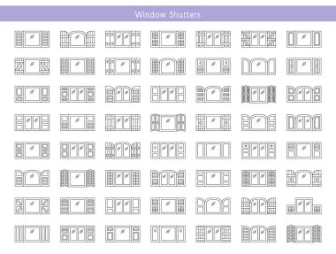 Shutters. Plantation, panel, tier on tier, bahama & louvered window coverings. Decorative exterior blinds. Board & batten shades. Front view. Line icon collection. clipart