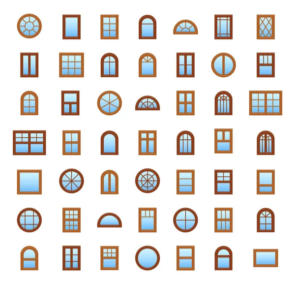木制窗户 体系结构元素 平面图标 传统的法式 拱形和圆形窗框 隔离在白色背景上 白色背圆上的独立对象 — 图库矢量图片
