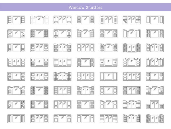 Ставни. Посадка, панель, ярус за ярусом, бахама и облицовка окон. Декоративные наружные жалюзи. Доска и батон оттенков. Вид спереди. Коллекция иконок
.
