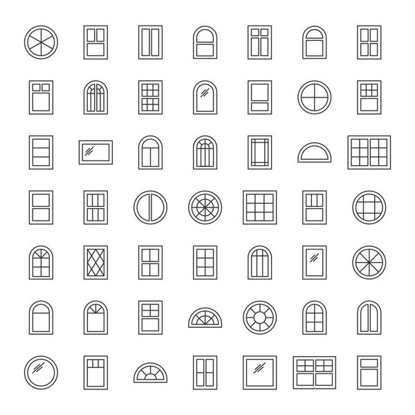 Окна. Элементы архитектуры. Иконки линий выделены на белом фоне. Традиционные, французские, арочные и круглые оконные рамы
