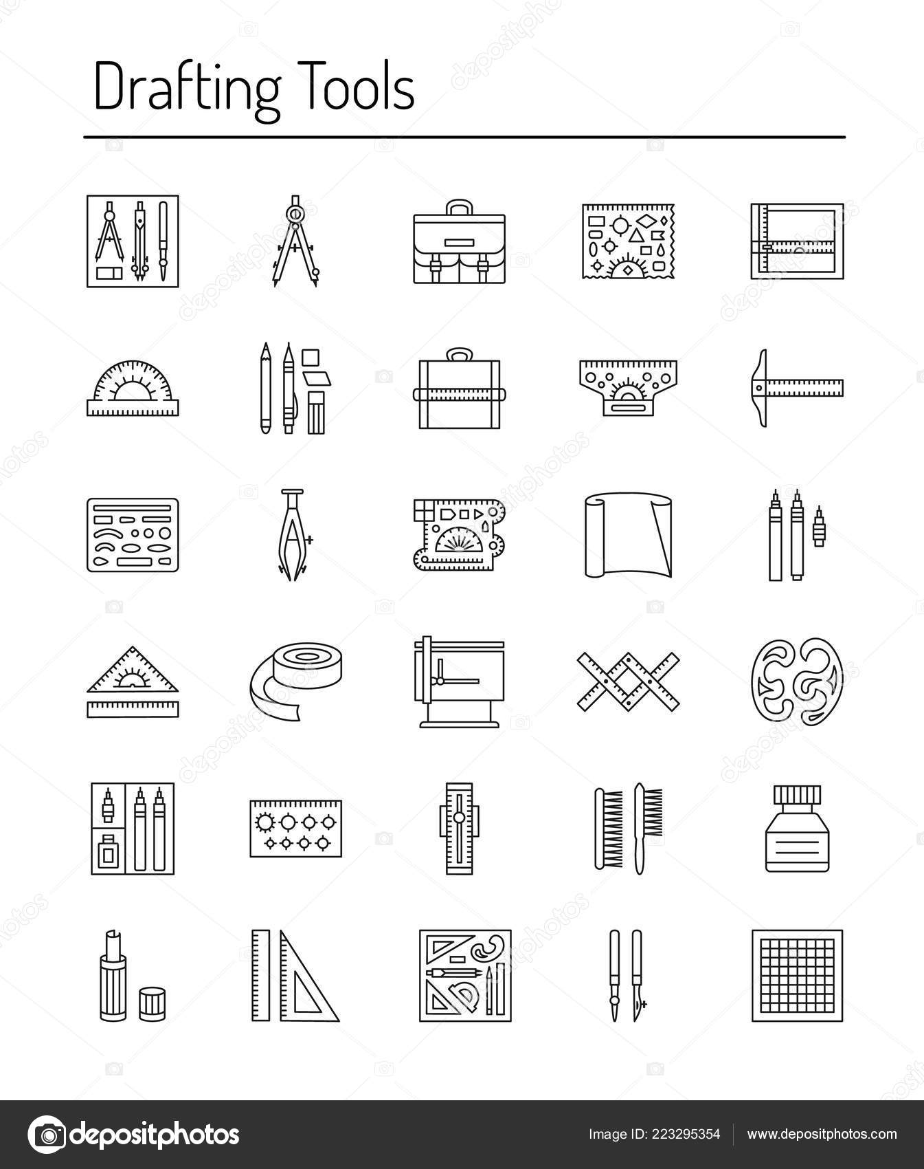 Drafting Tools Icon Collection Engineering Drawing Line Icons Set Drafting  Stock Vector by ©Milta 223295354