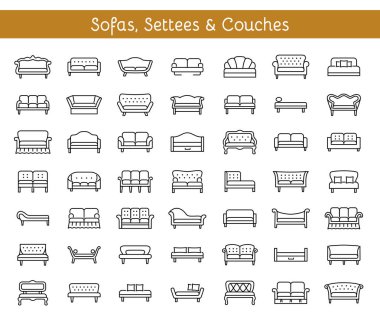 Kanepeler ve kanepeler. Oturma odası ve veranda mobilya. Klasik ve modern kanapeler, loveseats farklı türde. Banklar ve daybeds. Önden görünüm. Vektör hat simgesi toplama. 