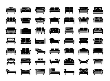 Kanepeler ve kanepeler. Oturma odası ve veranda mobilya. Klasik ve modern kanapeler, loveseats farklı türde. Banklar ve daybeds. Önden görünüm. Vektör Icon collection. 