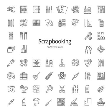 Scrapbooking tools and accessories. Vector line icons.  Decorating albums, books and cards with scrap, lace and ribbon. Paper craft elements. Handmade hobby clipart