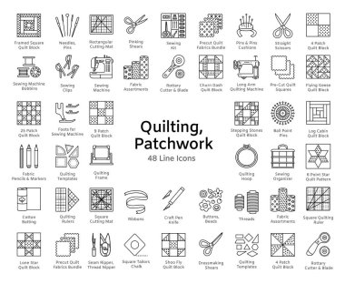 Kapitone ve patchwork. Malzemeleri ve dikiş aksesuarları yorgan kumaş kareler ve blok. Farklı araçları, desenleri quilters için. Vektör hat Icon set. Beyaz arka plan üzerinde izole nesneleri.