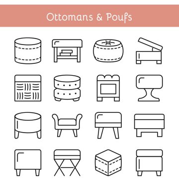 Ottomans & Poufs. Accent stools. Different kinds of classic & modern upholstered seats. Living room, bedroom & patio furniture. Front view. Vector icon collection. clipart