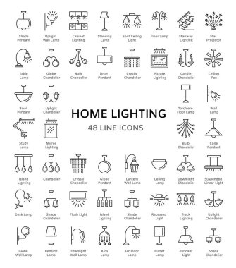 Duvar, tavan, tablo ve zemin lambaları farklı türde. Ev aydınlatma. Modern aydınlatma elemanlarıyla. Avizeler, meşalelerden ve kolyeler. Satır Icon set. Önden görünüm. Beyaz arka plan üzerinde izole nesneleri.