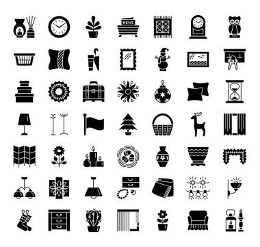 İç tasarım. Ev dekor öğeleri. Duvar resmi, saatler, pencere tedaviler, bitkiler, lambalar, sahipleri. Icon collection. 