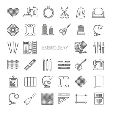 Dikiş hattı Icons set. Çapraz dikiş malzemeleri ve aksesuarları. Nakış kiti, iğne, iplik, makas, kumaş, nakış makinesi, PIN, desen. Vektör çizim.