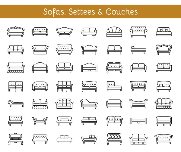 Kanepeler ve kanepeler. Oturma odası ve veranda mobilya. Klasik ve modern kanapeler, loveseats farklı türde. Banklar ve daybeds. Önden görünüm. Vektör hat simgesi toplama. 