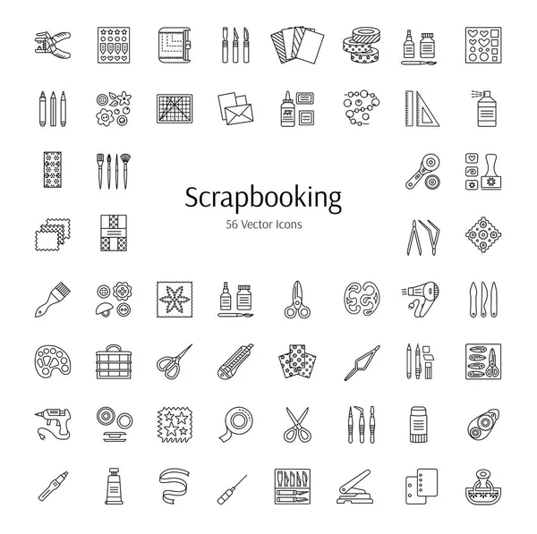 Scrapbooking araçları ve aksesuarları. Vektör hat simgeler. Albümleri, kitaplar ve kart hurda, dantel ve şerit ile dekorasyon. Kağıt zanaat öğeleri. El yapımı hobi