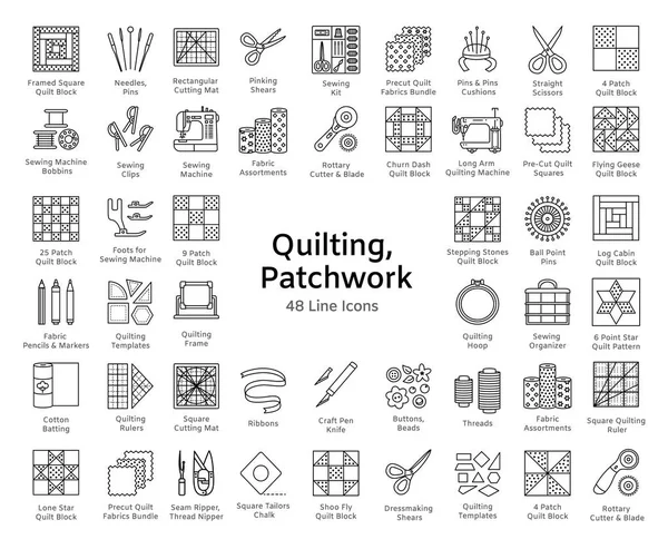 Kapitone ve patchwork. Malzemeleri ve dikiş aksesuarları yorgan kumaş kareler ve blok. Farklı araçları, desenleri quilters için. Vektör hat Icon set. Beyaz arka plan üzerinde izole nesneleri.