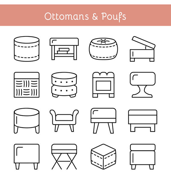 Ottomans & Poufs. Accent stools. Different kinds of classic & modern upholstered seats. Living room, bedroom & patio furniture. Front view. Vector icon collection.