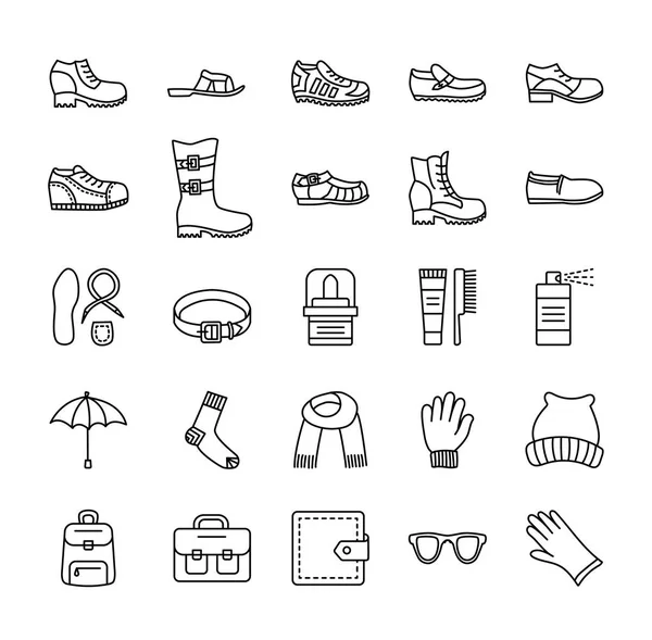 Erkek Ayakkabı ve aksesuarları. Vektör hat Icon set. Ayakkabı çeşitli stilleri. Botlar, spor ayakkabı, sandalet, terlik. Çanta, eldiven, güneş gözlüğü, şemsiye, şapka, eşarp, çorap. Ayakkabı bakım ürünleri: Lehçe, krem, fırça.