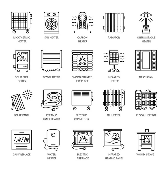 Ícones Linha Vetorial Com Radiador Convetor Lareira Equipamento Aquecimento Para —  Vetores de Stock
