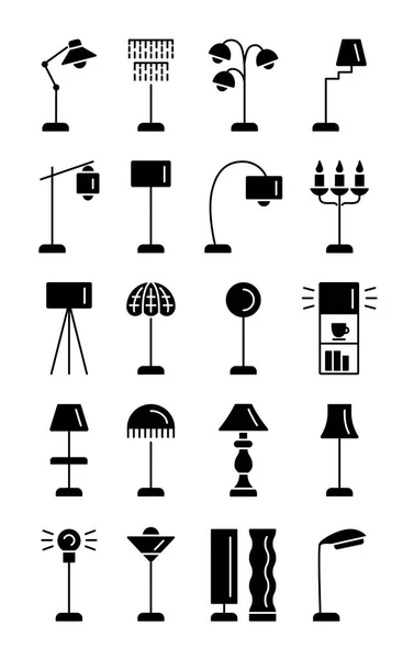 モダン ヴィンテージ フロアランプ 立っている照明器具のセットです ホーム オフィスの照明 Torchieres ベクトル アイコンのコレクション 白い背景の上の孤立したオブジェクト — ストックベクタ