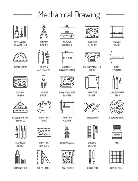아이콘 컬렉션입니다 도면입니다 아이콘 세트입니다 나침반 Drafting 눈금자 드로잉 각도기 — 스톡 벡터