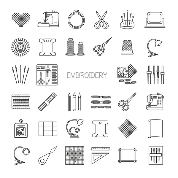Dikiş hattı Icons set. Çapraz dikiş malzemeleri ve aksesuarları. Nakış kiti, iğne, iplik, makas, kumaş, nakış makinesi, PIN, desen. Vektör çizim.
