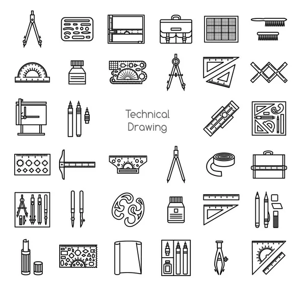 Technische Zeichenwerkzeuge Zeilensymbole Gesetzt Zeichenset Lineal Zeichenbrett Portflolio Winkelmesser Klebeband — Stockvektor