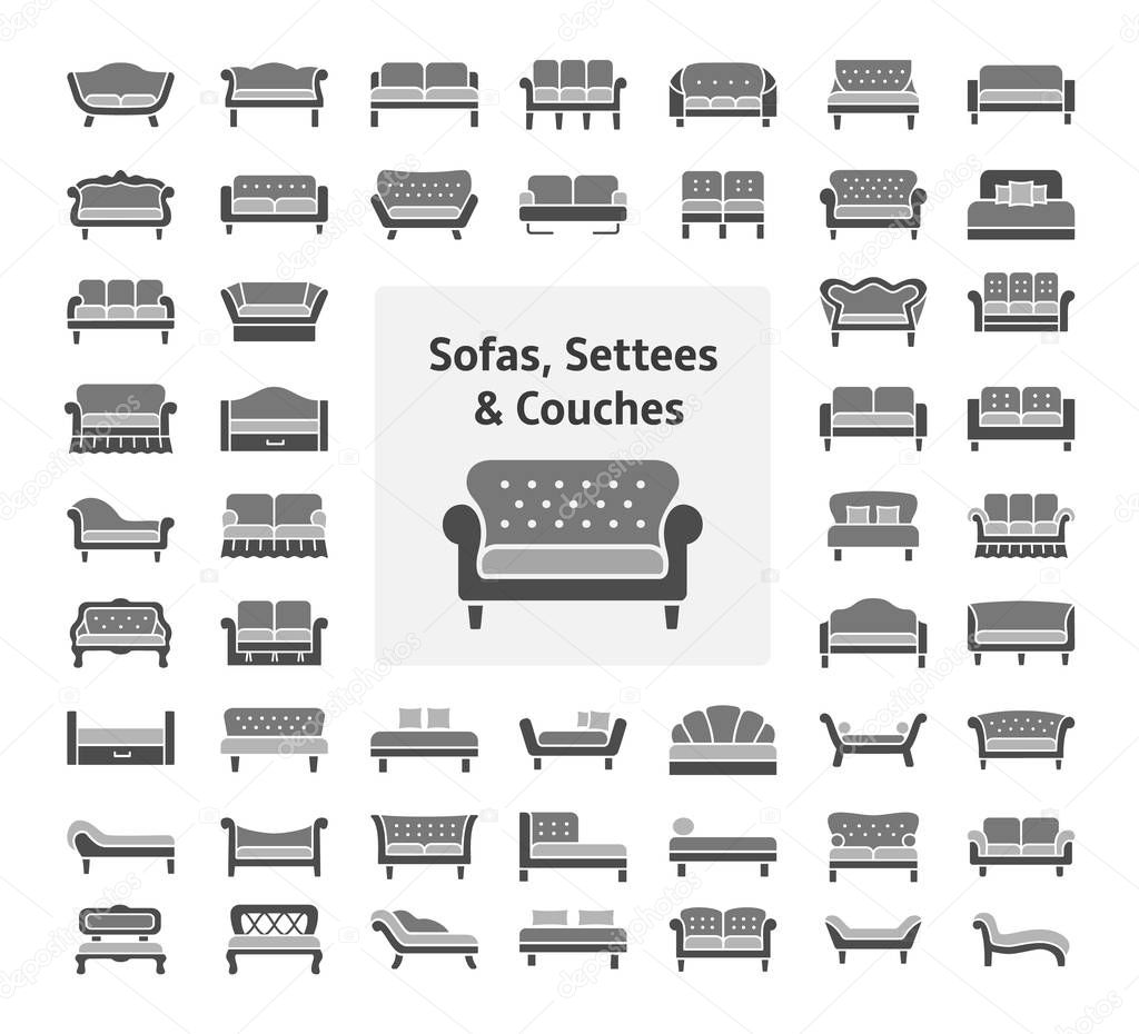 Sofas & Couches. Living room & patio furniture. Different kinds of classic and modern settees, loveseats. Benches & daybeds. Front view. Vector icon collection. Monochrome colors.