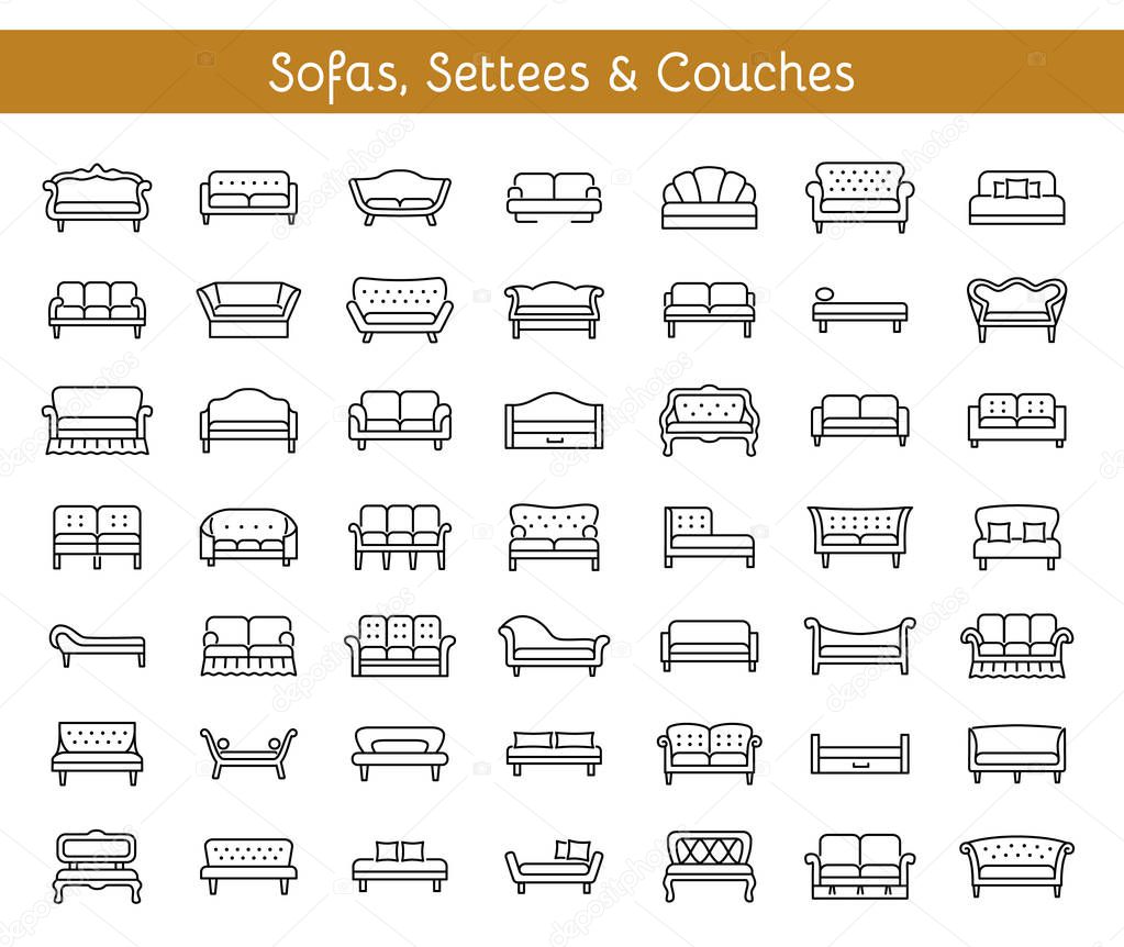 Sofas & Couches. Living room & patio furniture. Different kinds of classic and modern settees, loveseats. Benches & daybeds. Front view. Vector line icon collection. 