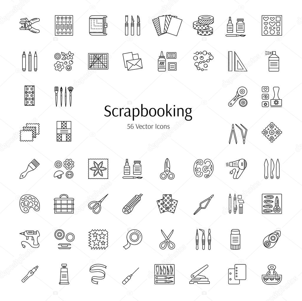 Scrapbooking tools and accessories. Vector line icons.  Decorating albums, books and cards with scrap, lace and ribbon. Paper craft elements. Handmade hobby