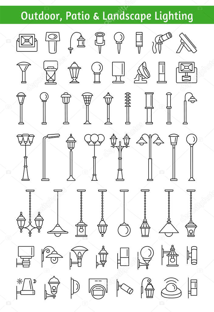 Outdoor, patio & landscape lighting. Exterior light fixtures. Devices for illumination of house, entryway, porch, walkway, path, garden, yard, park. Lanterns, pendants and lamps. Decorative elements. Vector line icon collection.