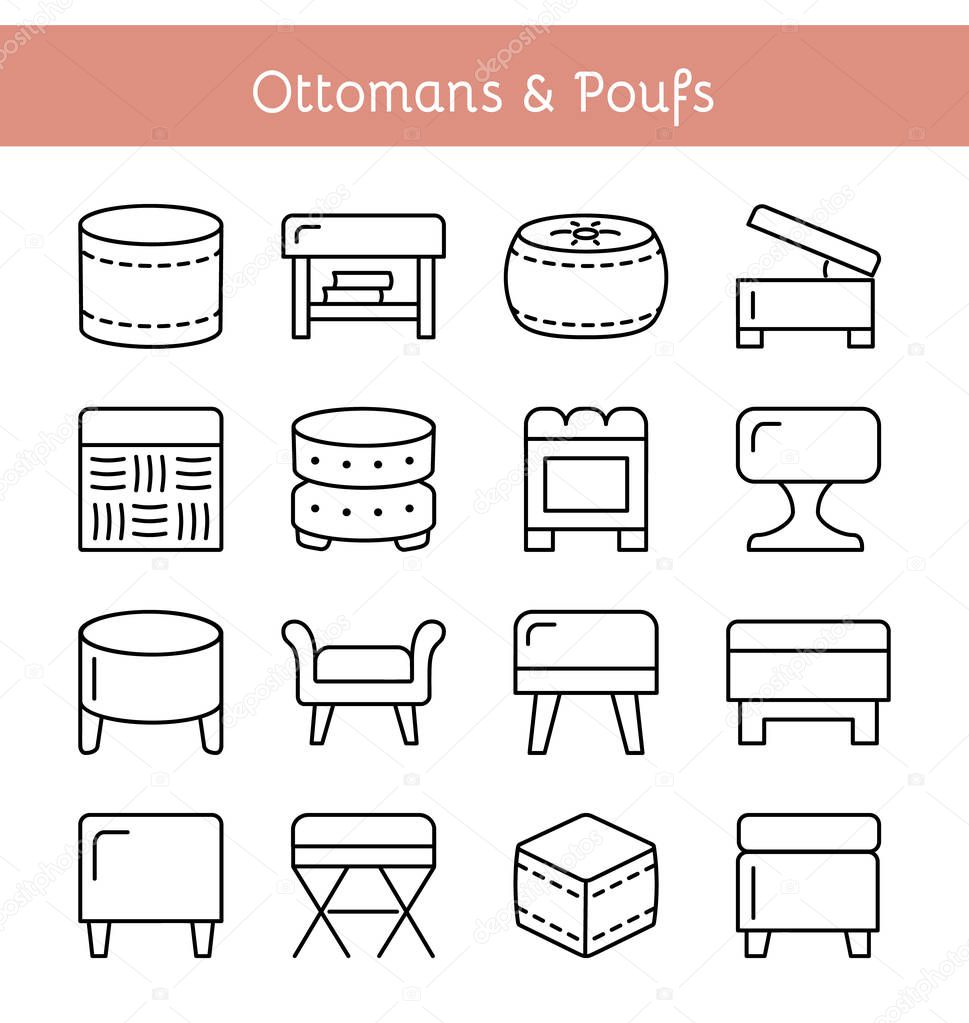 Ottomans & Poufs. Accent stools. Different kinds of classic & modern upholstered seats. Living room, bedroom & patio furniture. Front view. Vector icon collection.