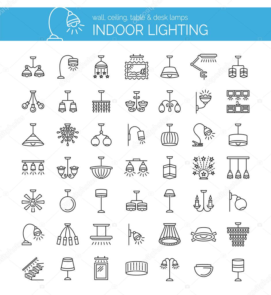 Indoor lighting. Set of modern and traditional lamps, pendants, chandeliers, torcheres, sconces. Vector line icon collection. Elements of home illumination.