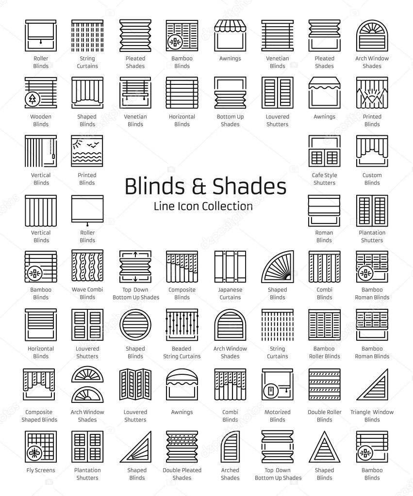Blinds & Shades. Sun protection. Room darkening & light blocking  jalousies. Interior shutters & panel curtains. Home decor elements. Window coverings. Line icon collection. 