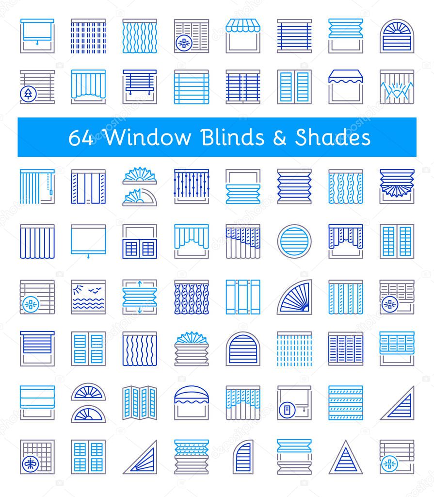 Blinds & Shades. Sun protection. Room darkening & light blocking  jalousies. Interior shutters & panel curtains. Home decor elements. Window coverings. Line icon collection. 