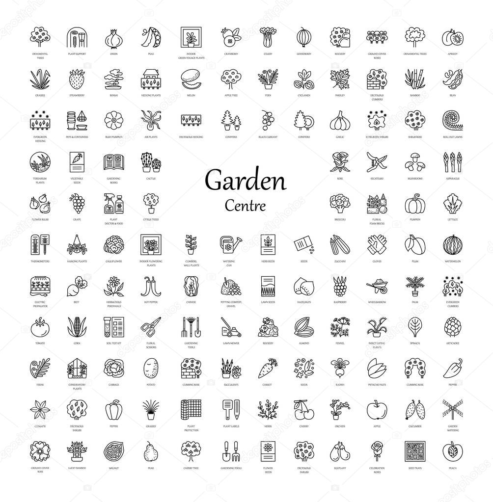 Vector line icons with vegetables, garden tools, trees, shrubs and house plants. Garden centre elements. Different styles of indoor and outdoor plants. Roses, seeds, berries, grasses, herbs, lawn, rockery, conifer, fruit trees. 