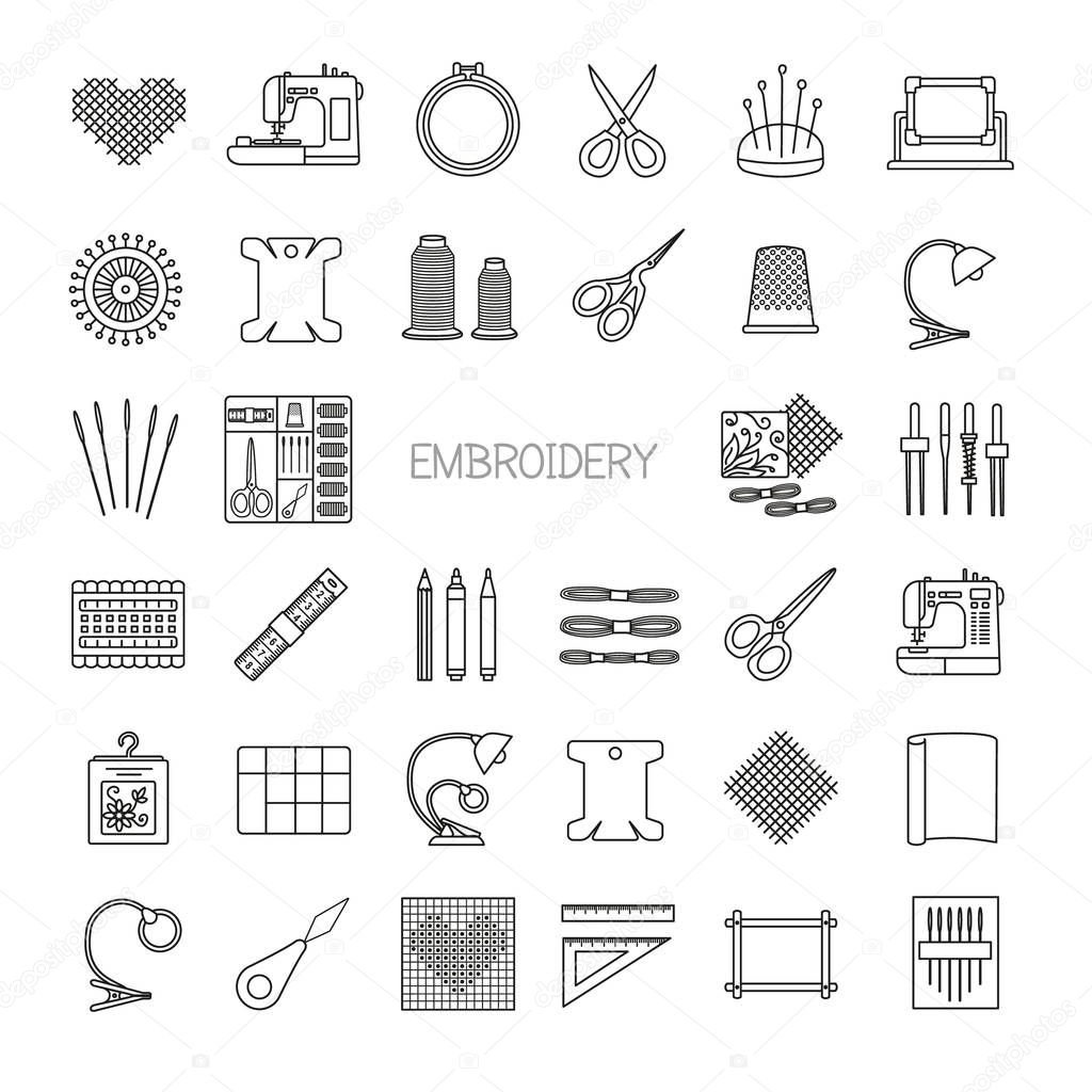 Needlework line icons set. Cross stitch supplies and accessories.Embroidery kit, needle, thread, scissors, cloth, embroidery machine, pin, pattern. Vector illustration.